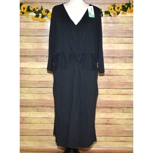 NWT Land’s End Twist Waist Midi Dress Tencel Black 2X Stretch LBD V-Neck Bodycon - Picture 1 of 9